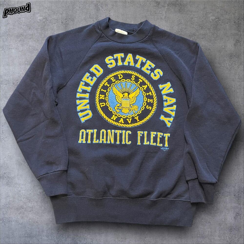 Vintage US Navy Sweatshirt Crewneck Mens Large Blue Atlantic Fleet Santee 80s